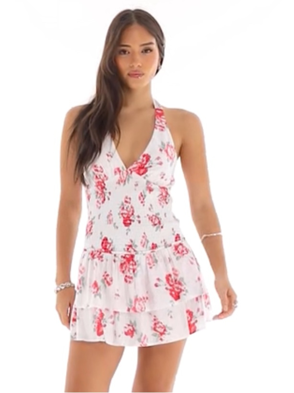 Hollister White Halter Floral Romper Dress with Pink Print